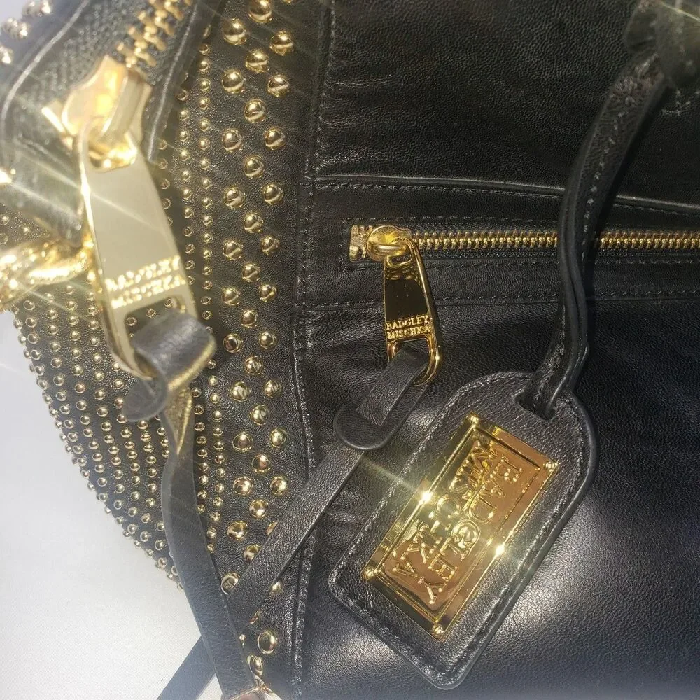 Badgley Mischka Leather Satchel Womens Black Studded Gold Hardware Crossbody